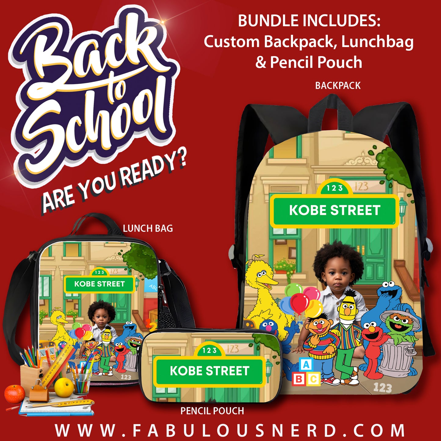 Sesame Street Custom Back-To-School Bundle (Backpack, Pencil Pouch or Lunch Bag)