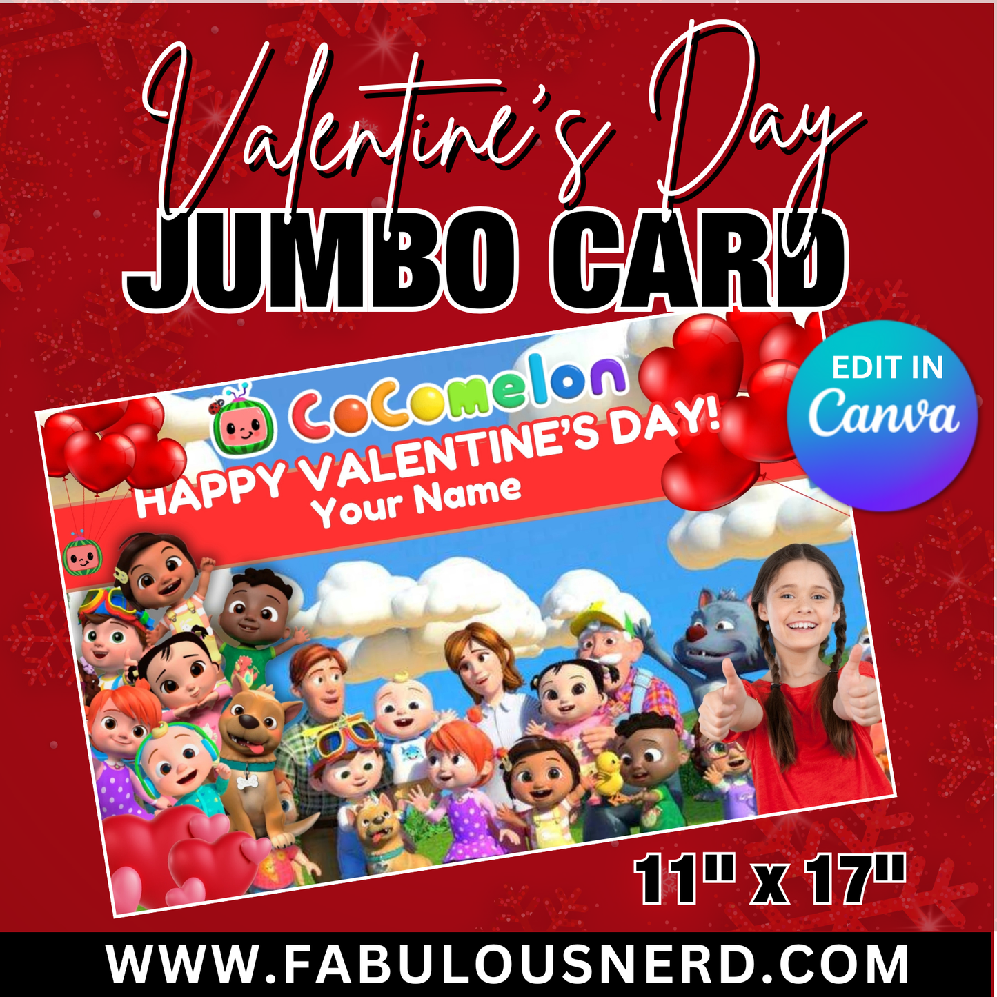 Cocomelon Valentine's Day Jumbo Card Template, Treat Card Template, Canva Template - Digital File Only