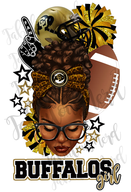 College Football Messy Bun Girl (Black & Gold)