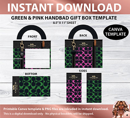 Printable Green & Pink Handbag Gift Box Design (Digital Files Only)