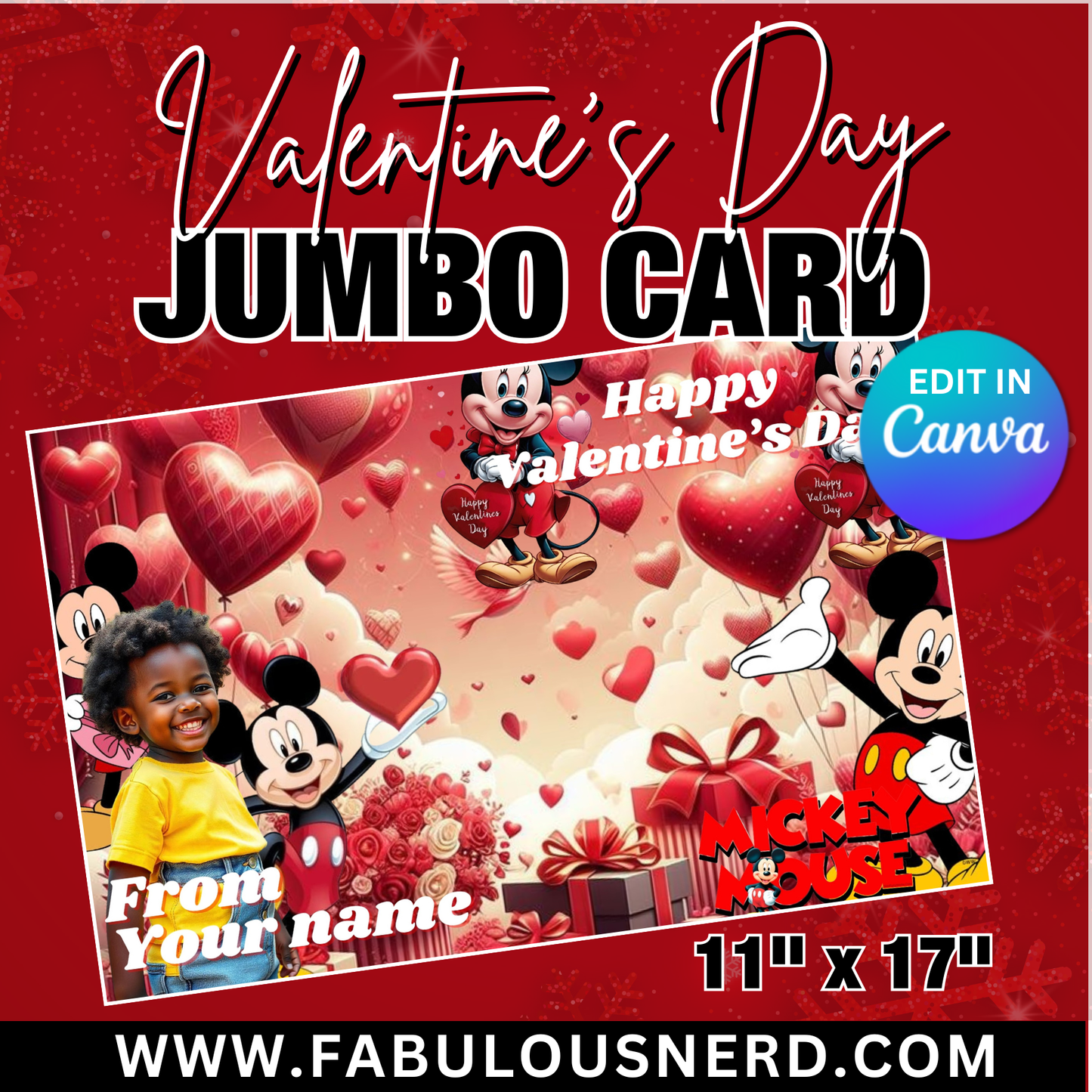 Mickey Mouse Valentine's Day Jumbo Card Template, Treat Card Template, Canva Template - Digital File Only