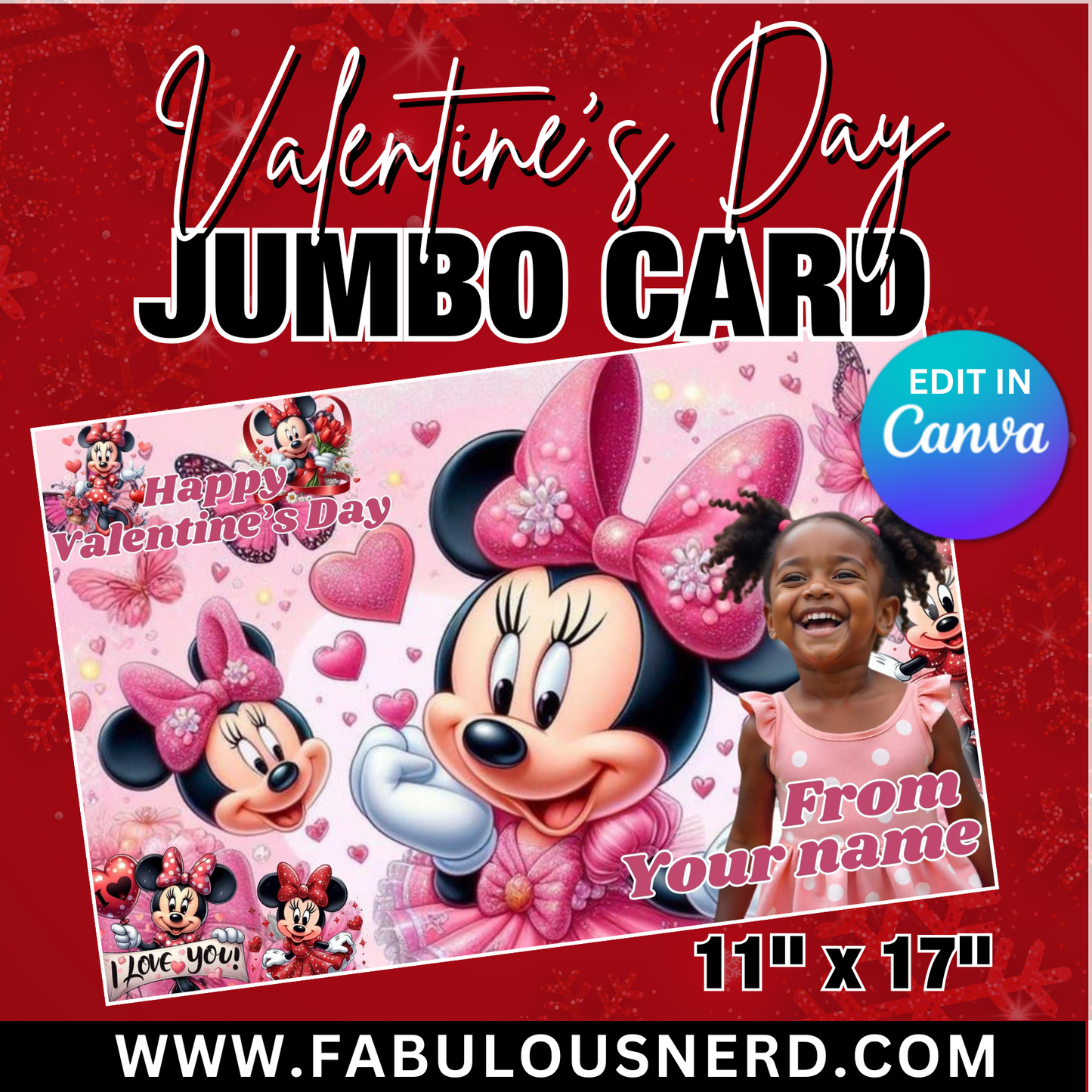 Minnie Mouse Valentine's Day Jumbo Card Template, Treat Card Template, Canva Template - Digital File Only