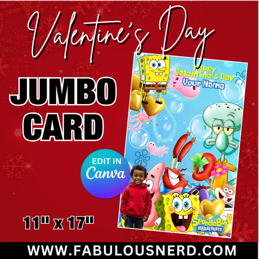 Sponge Bob Valentine's Day Jumbo Card Template, Treat Card Template, Canva Template - Digital File Only
