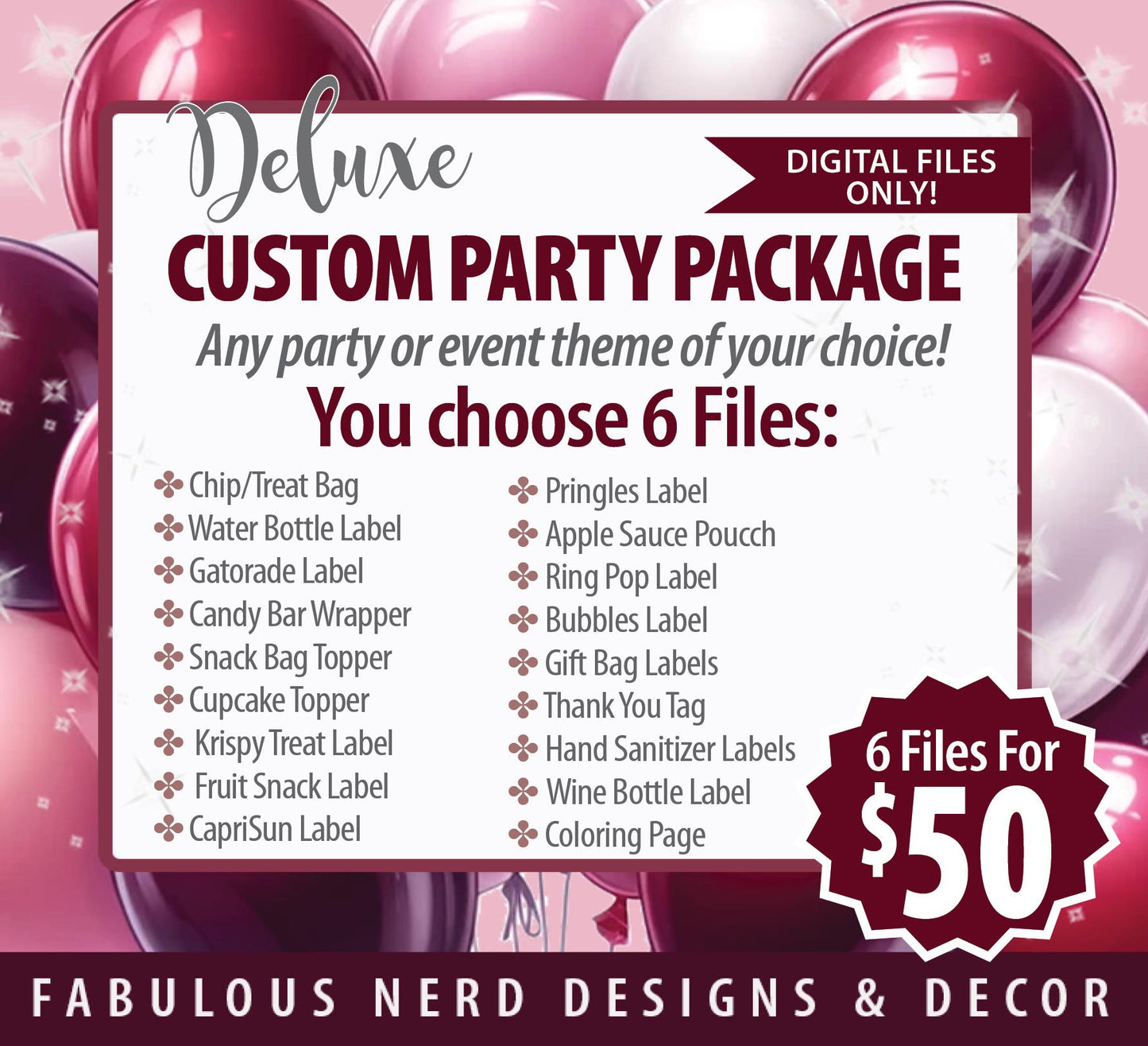 Deluxe Custom Personalized Party Favor Bundles - Digital Files Only ( 6 Digital Files of Your Choice)