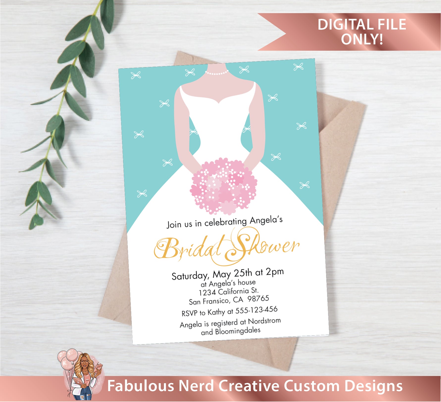 Bridal Shower Invitations-Wedding Gown-Digital File Only Bridal Shower Invitations-Wedding Gown-Digital File Only