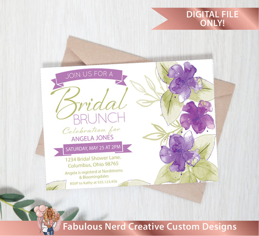 Bridal Shower Invitation - Purple Floral Invitation - Digtial File Only