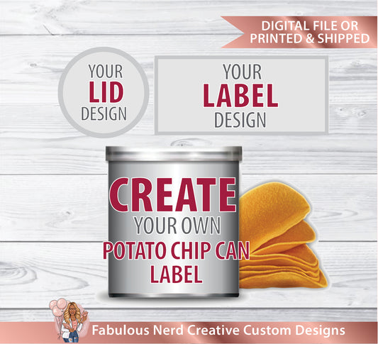 Custom Designed Chip Can & Lid Wrapper-Party Favor-Pringles Can Labels-Digital File or Printed and Shipped