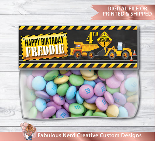 Construction Birthday Customizable Snack Back Topper - Treat Bag Topper - Digital File or Printed & Shipped