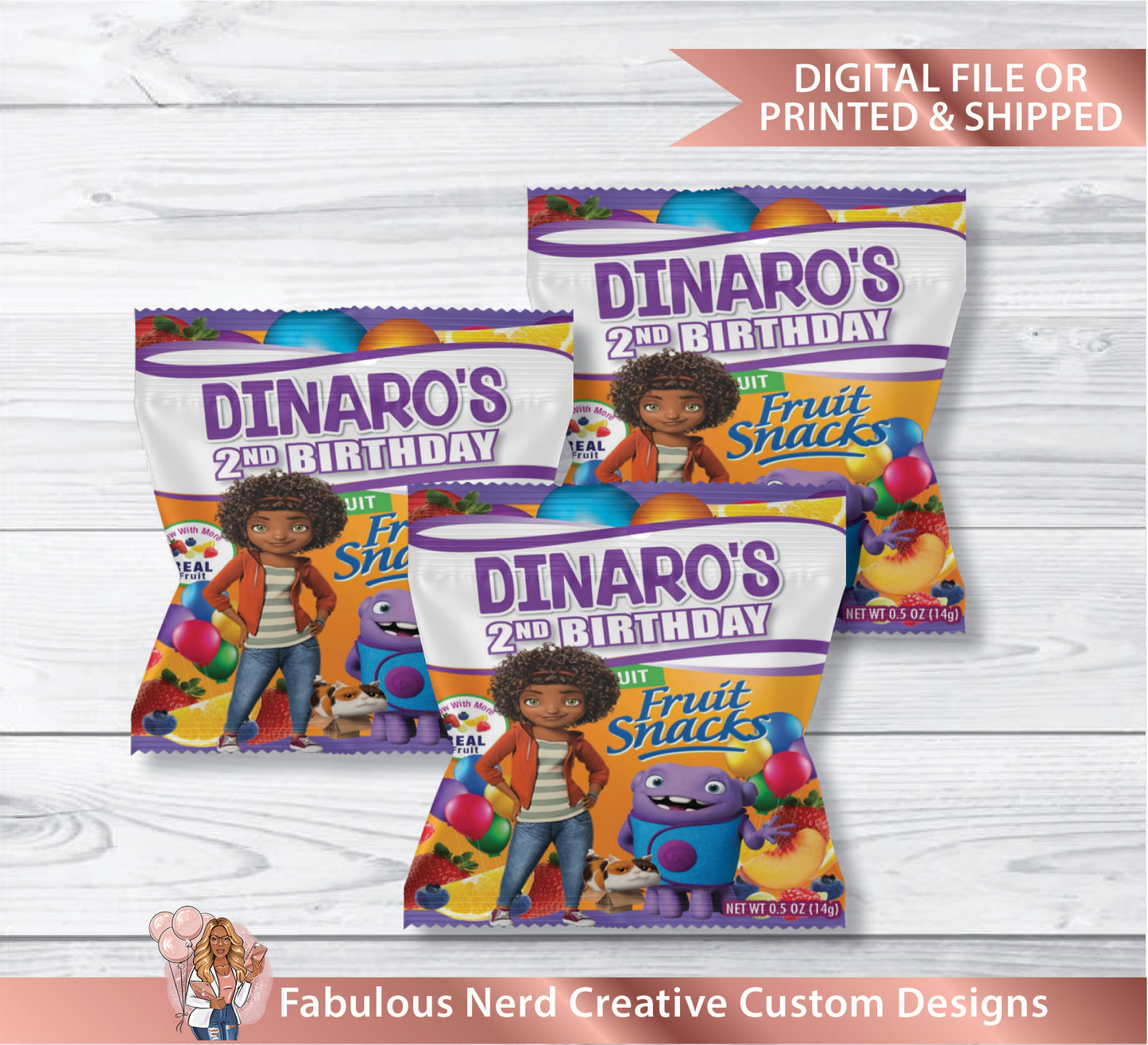 DW Home Birthday Customized Fruit Snack Wrapper-Party Favor-Digital File or Printed and Shipped