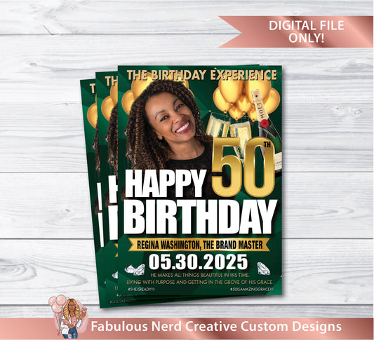Adult Birthday Party Invitation (Green & Gold) - Digital File Only