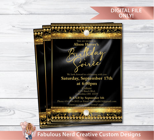 Adult Birthday Party Invitation (Black & Gold) - Digital File Only