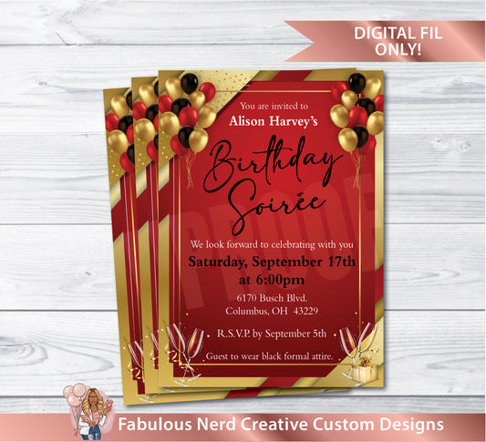 Adult Birthday Party Invitation (Red & Gold) - Digital File Only