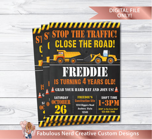Construction Birthday Customizable Party Invitation - Digital File Only