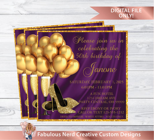 Adult Birthday Party Invitation (Purple & Gold) - Digital File Only
