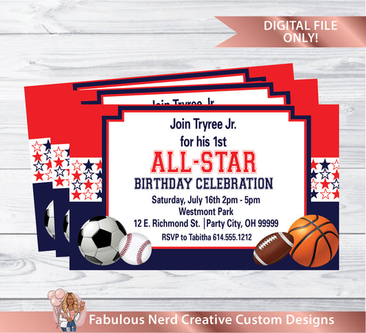 All Star Sports Theme Birthday Invitation - Digital File Only