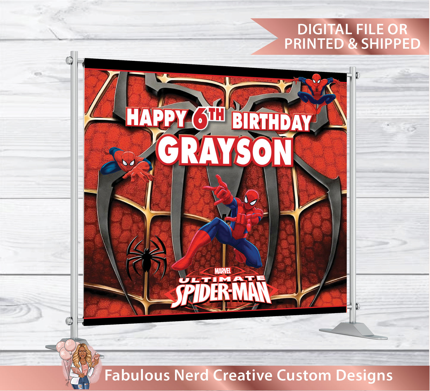 Personalized Spiderman Birthday Backdrop (STAND NOT INCLUDED)