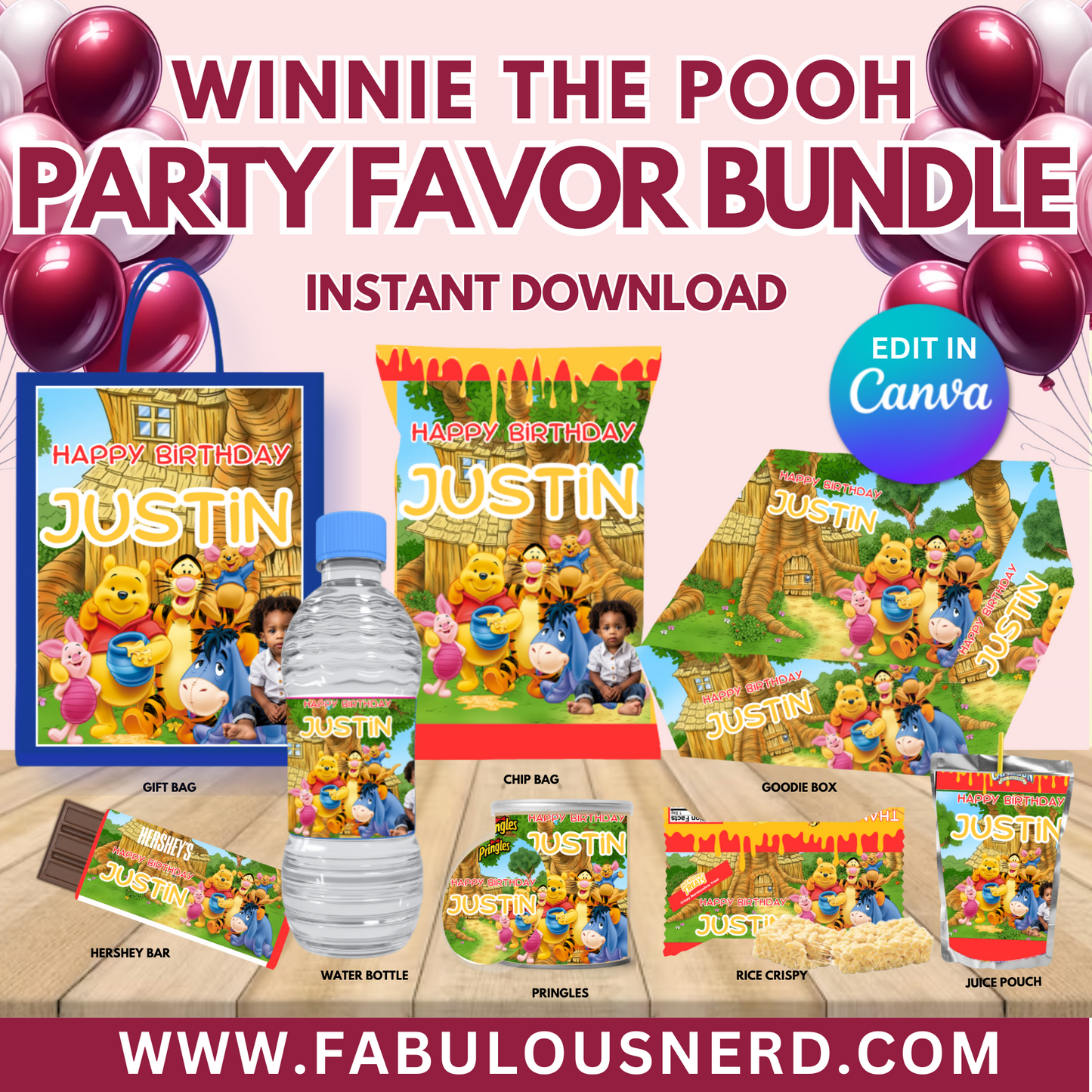 Winnie The Pooh Party Favor Bundle, Printable Party Bundle, Custom Party Bundle, Party Decor, Party Favors, Custom Decor