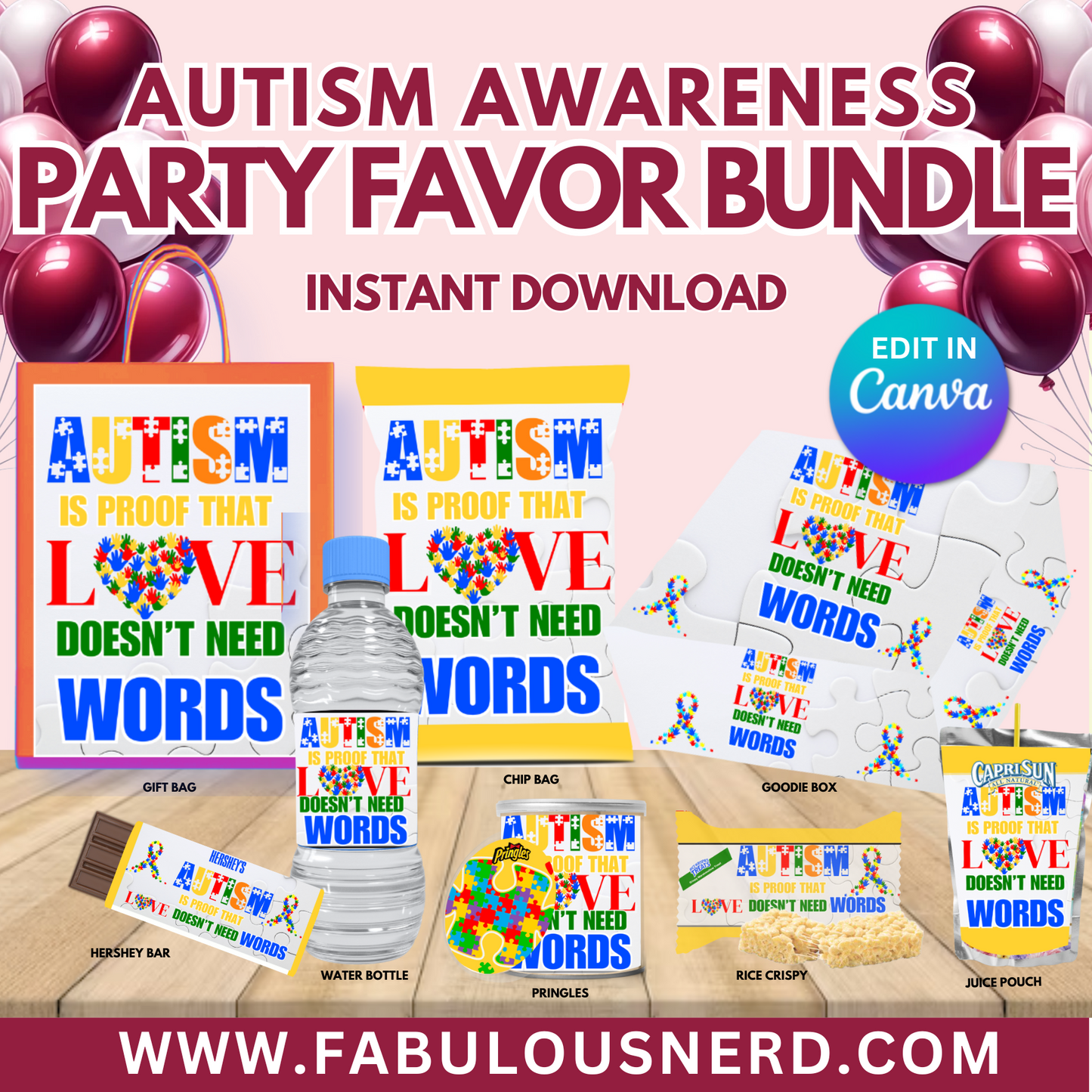 Autism Awareness Party Favor Bundle, Printable Party Bundle, Custom Party Bundle, Party Decor, Party Favors, Custom Decor