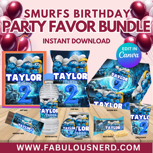 Smurfs Birthday Party Favor Bundle, Printable Party Bundle, Custom Party Bundle, Party Decor, Party Favors, Custom Decor