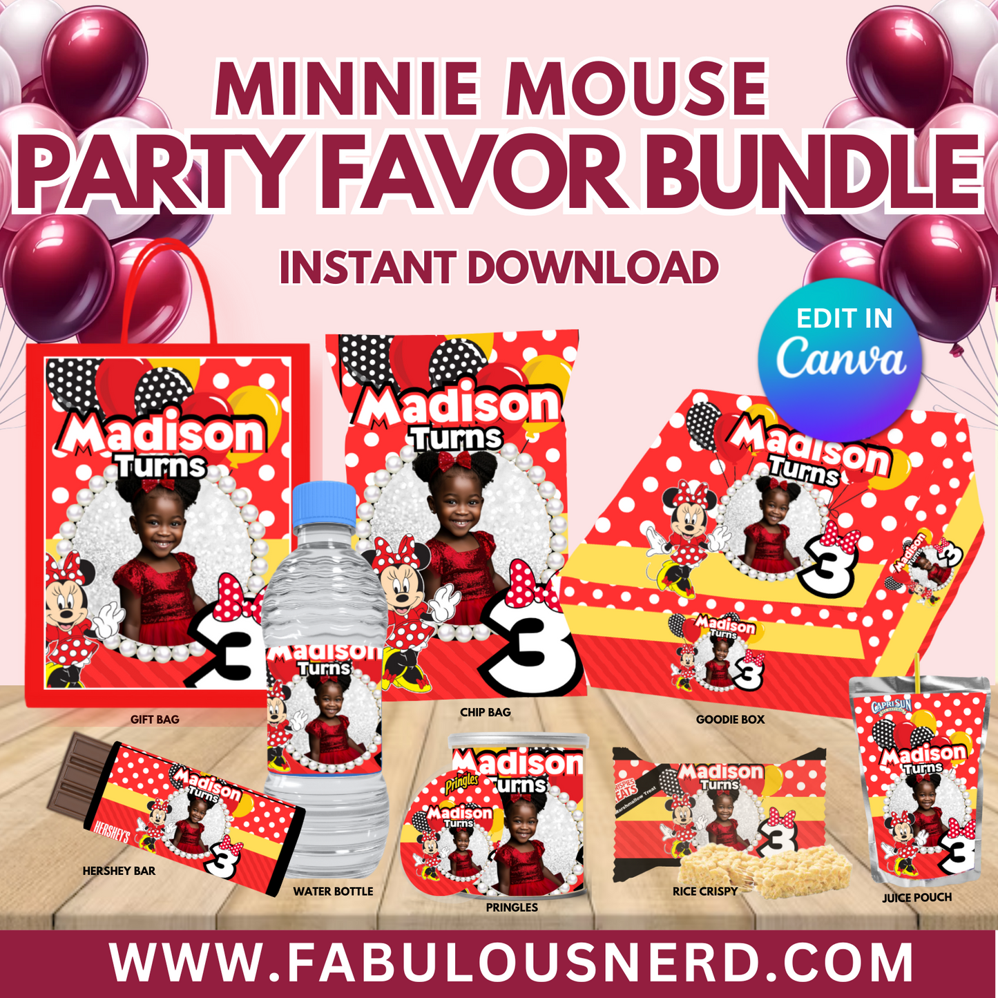 Minnie Mouse Birthday Party Favor Bundle, Printable Party Bundle, Custom Party Bundle, Party Decor, Party Favors, Custom Decor