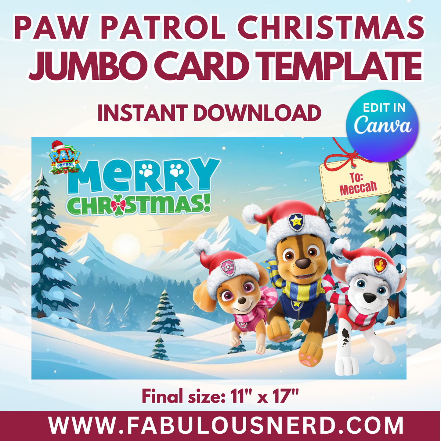 Paw Patrol Christmas Jumbo Card Template - Digital File Only