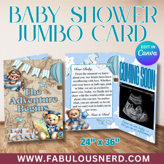 The Adventure Begins Boy Theme Baby Shower Jumbo Card - Digital File Only