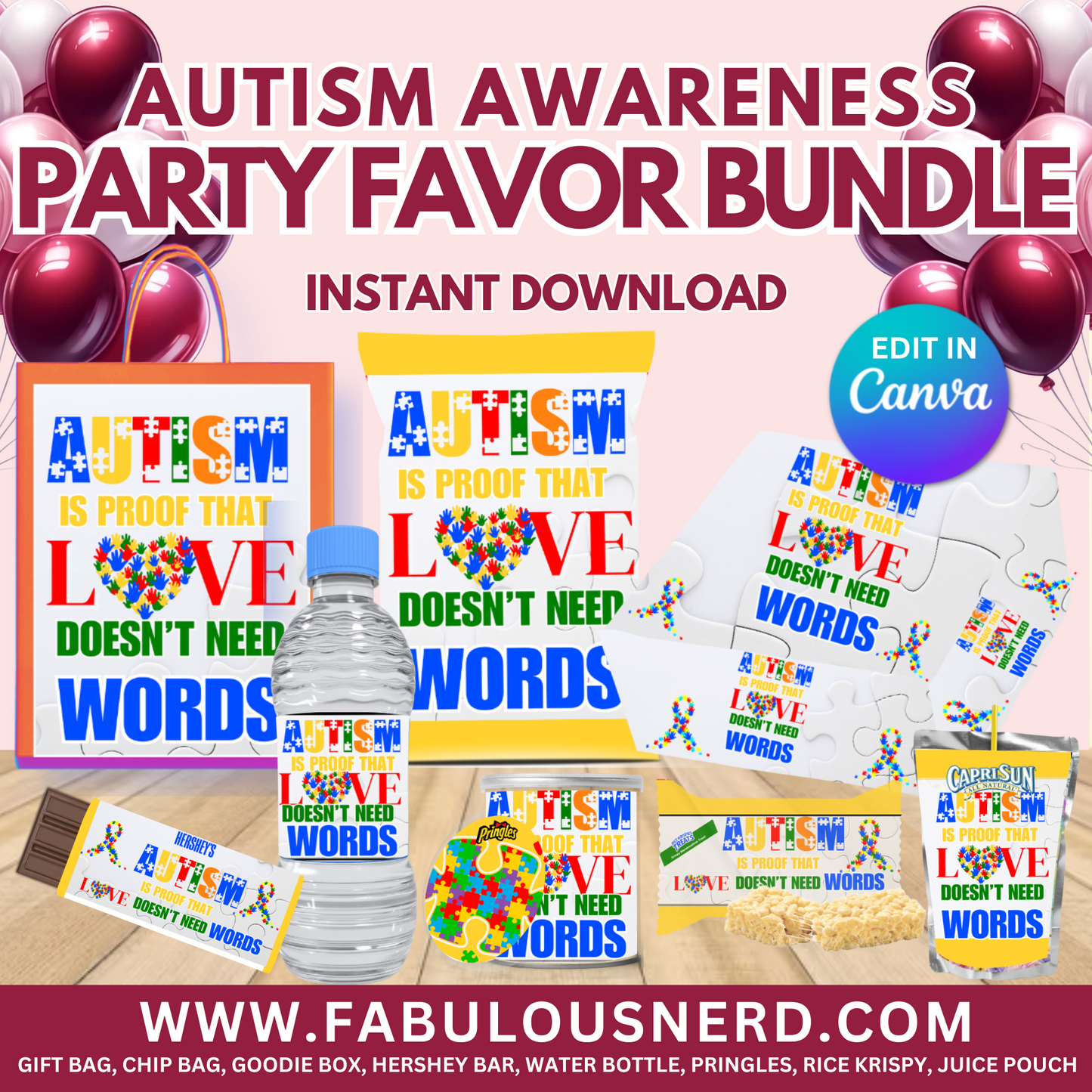 Autism Awareness Party Favor Bundle, Printable Party Bundle, Custom Party Bundle, Party Decor, Party Favors, Custom Decor