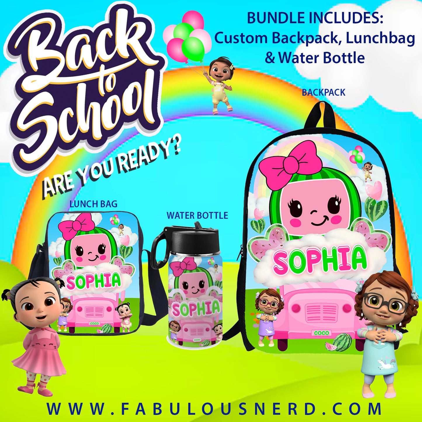 Girl Cocomelon Custom Back-To-School Bundle (Backpack, Lunch Bag or Water Bottle)