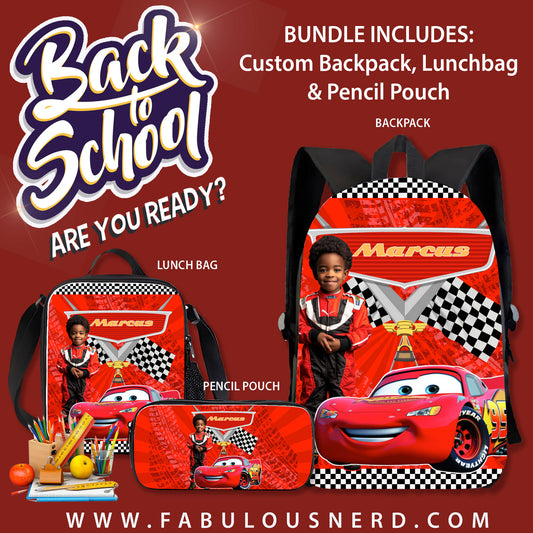 Disney Cars Custom Back-To-School Bundle (Backpack, Pencil Pouch or Lunch Bag)