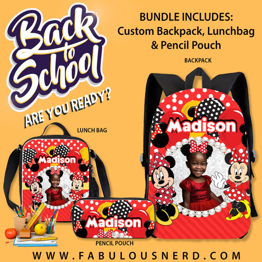 Minnie Mouse Custom Back-To-School Bundle (Backpack, Pencil Pouch or Lunch Bag)