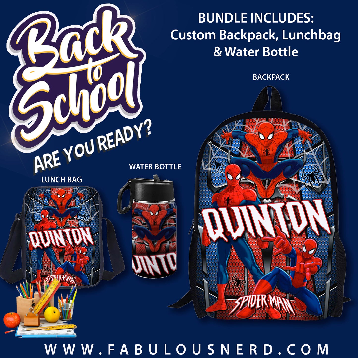 Spiderman Custom Back-To-School Bundle (Backpack, Lunch Bag or Water Bottle)