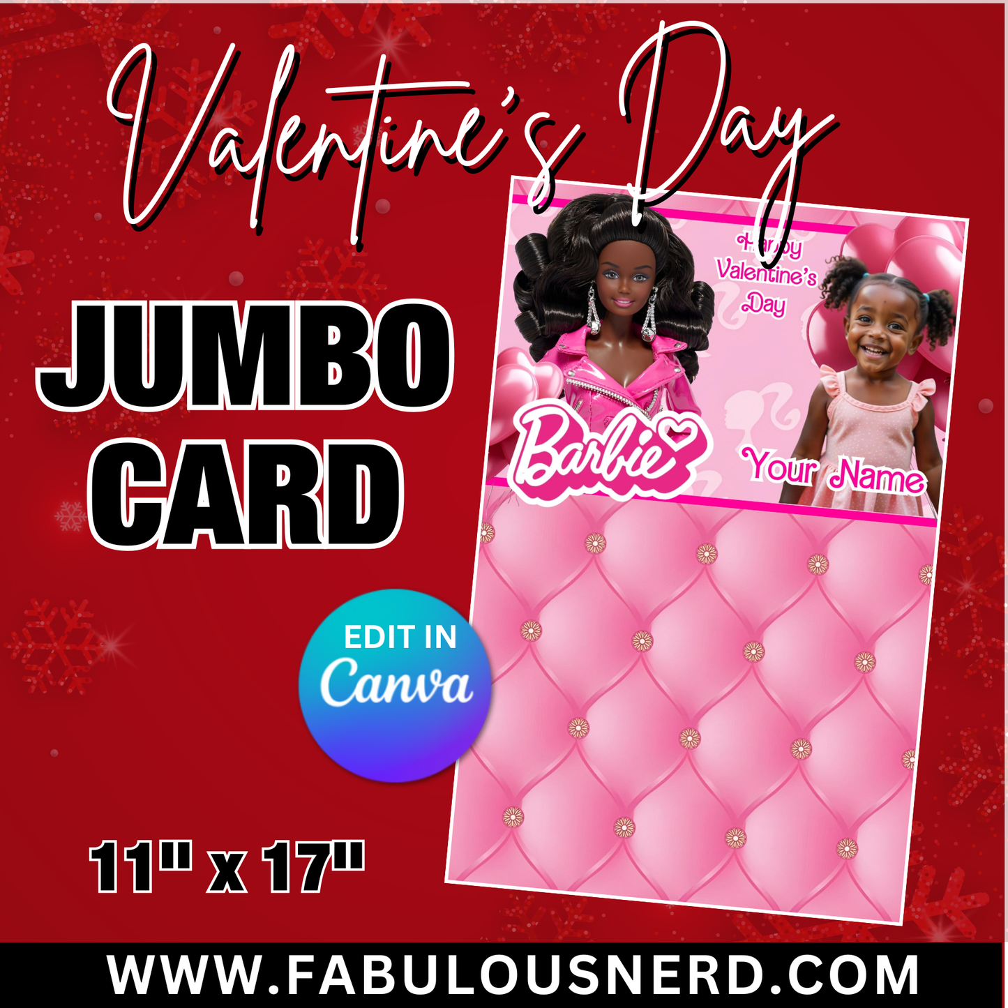 Black Barbie Valentine's Day Jumbo Card Template, Treat Card Template, Canva Template - Digital File Only
