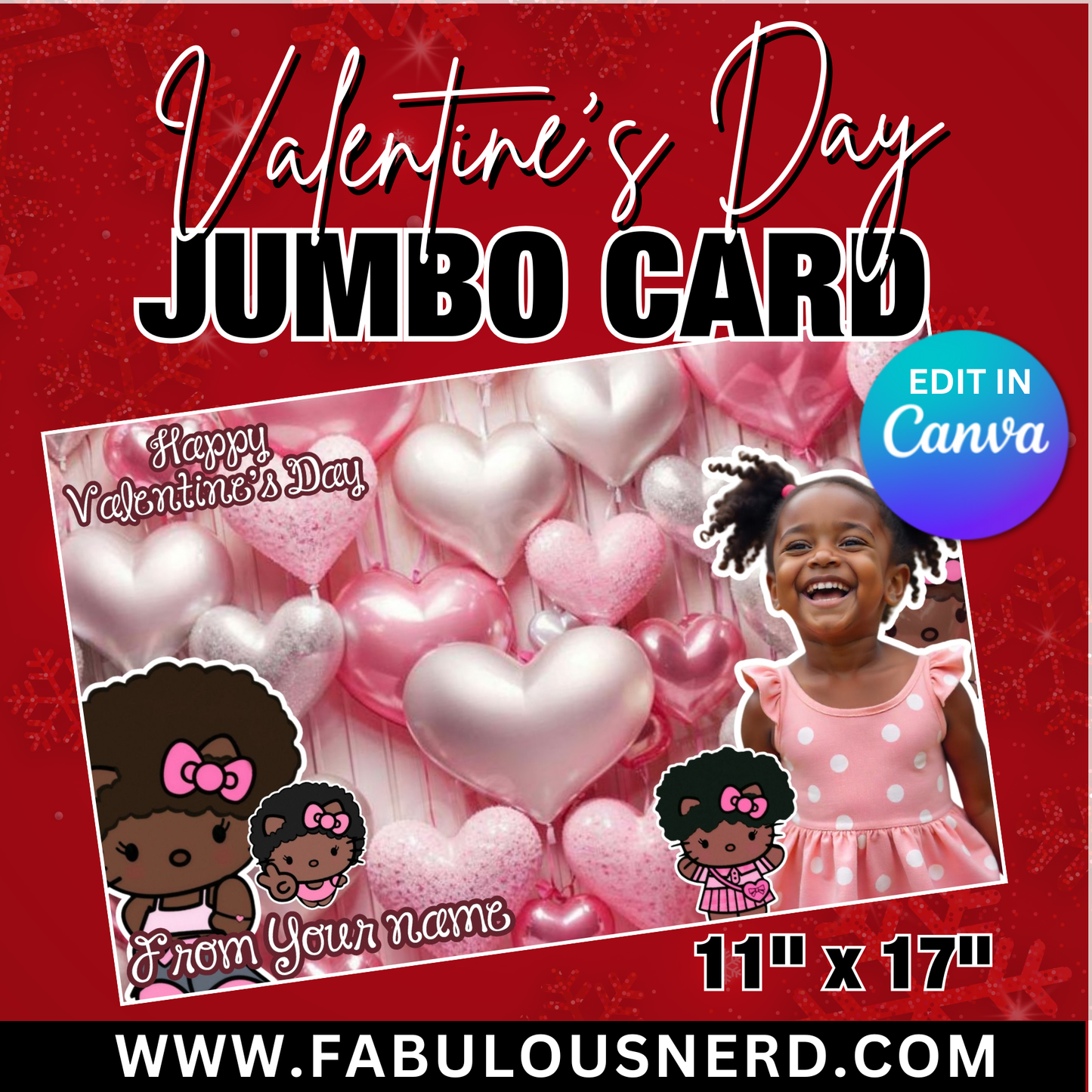 Black Hello Kitty Valentine's Day Jumbo Card Template, Treat Card Template, Canva Template - Digital File Only