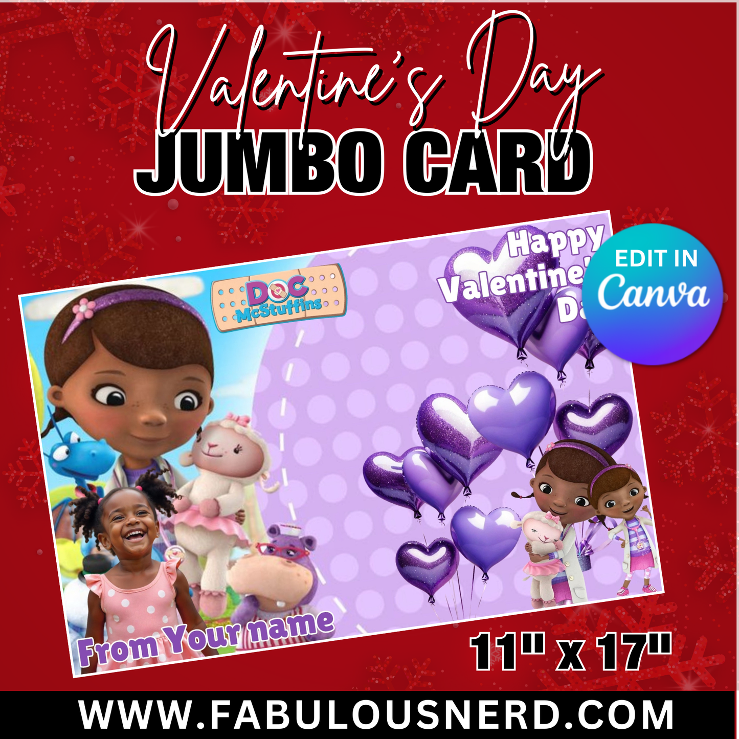 Doc McStuffin Valentine's Day Jumbo Card Template, Treat Card Template, Canva Template - Digital File Only