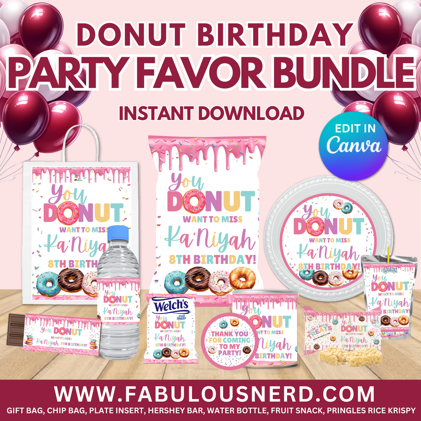 Donut Birthday Party Favor Bundle, Printable Party Bundle, Custom Party Bundle, Party Decor, Party Favors, Custom Decor