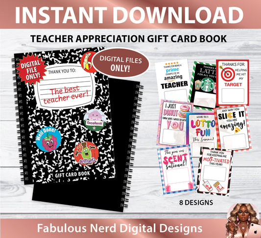 Printable Teacher's Appreciation Gift Card Book/Bundle (PDF/PNG/JPG)