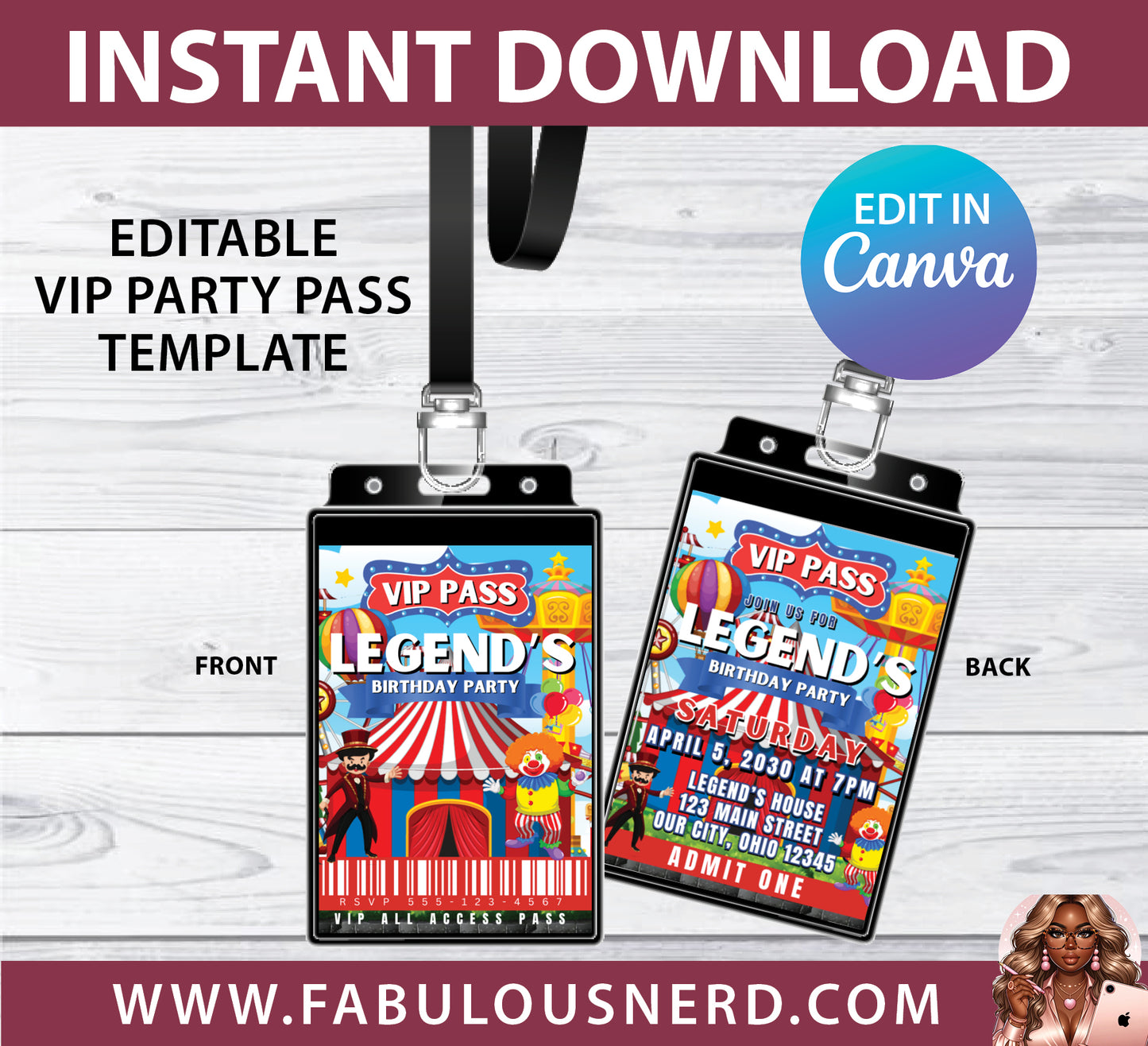 Editable Carnival/Circus Birthday VIP Party Pass/Birthday Invitation