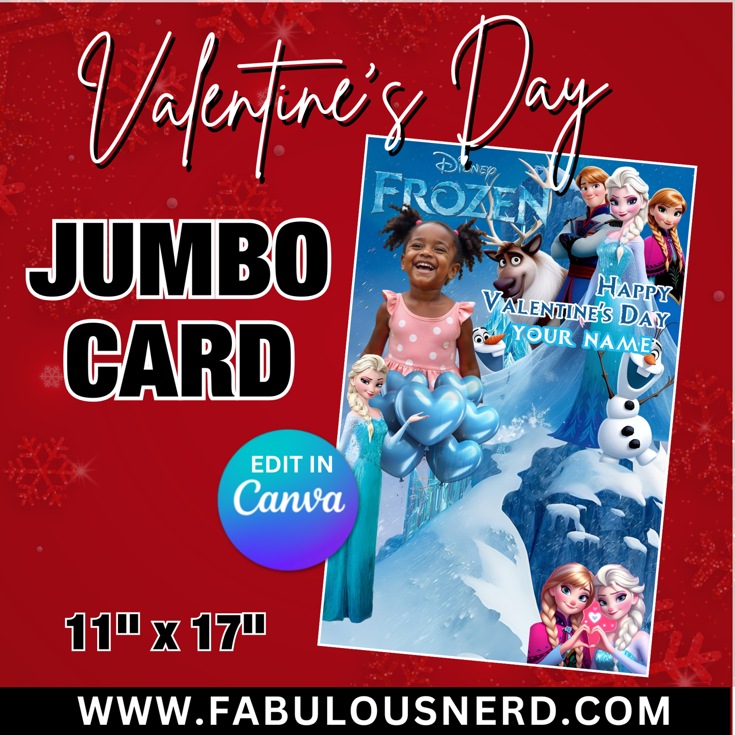 Frozen Valentine's Day Jumbo Card Template, Treat Card Template, Canva Template - Digital File Only