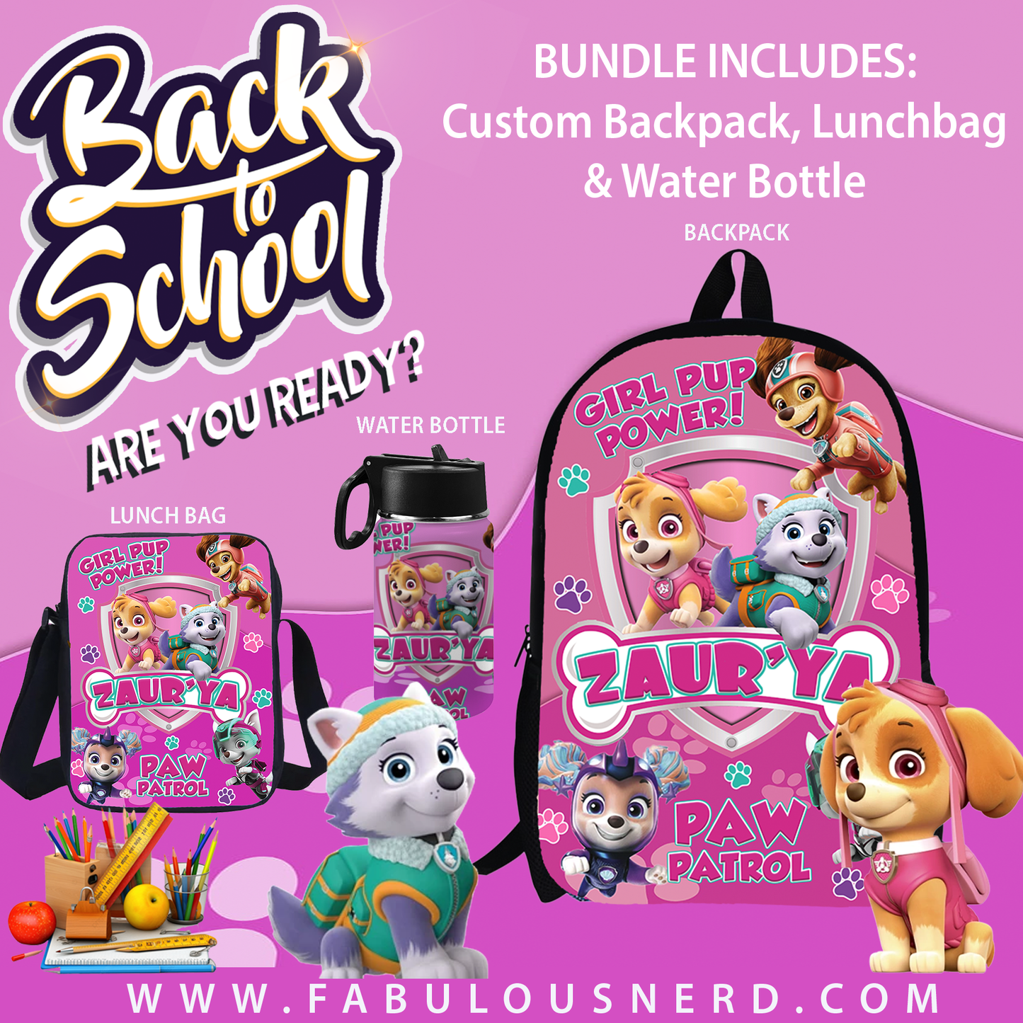 Gir Paw Patrol Custom Back-To-School Bundle (Backpack, Lunch Bag or Water Bottle)