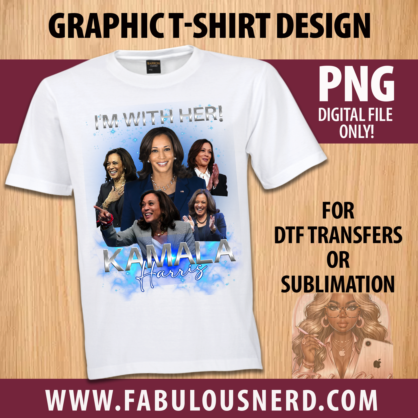 Kamala Harris Graphic T-Shirt Design, Bootleg Hip Hop Shirt Design-Blue (PNG Digital File Only)