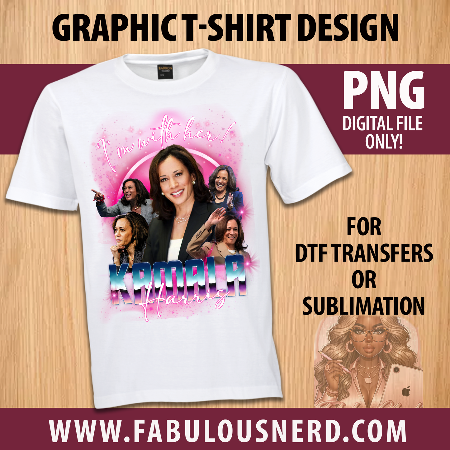 Kamala Harris Graphic T-Shirt Design, Bootleg Hip Hop Shirt Design-Pink (PNG Digital File Only)