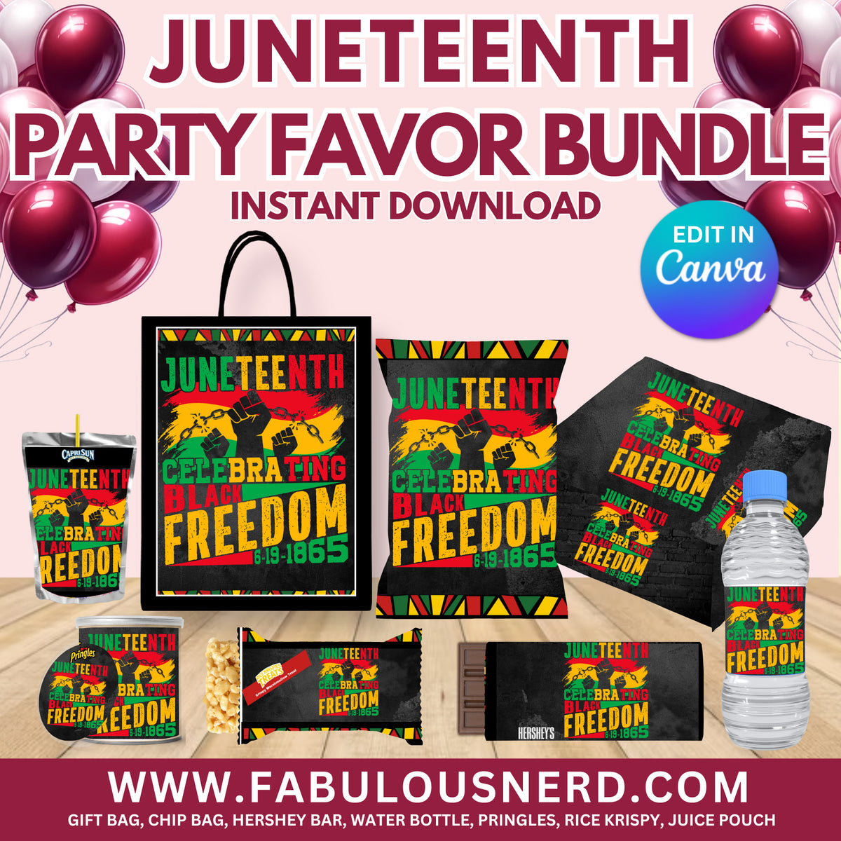 Juneteenth Party Favor Bundle, Printable Party Bundle, Custom Party Bu ...