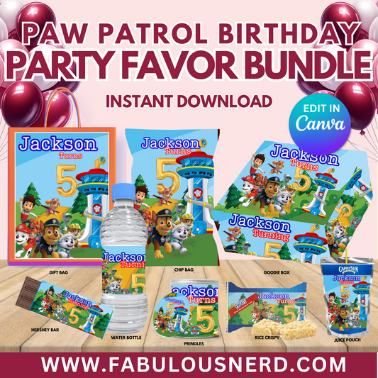 Paw Patrol Birthday Party Favor Bundle, Printable Party Bundle, Custom Party Bundle, Party Decor, Party Favors, Custom Decor