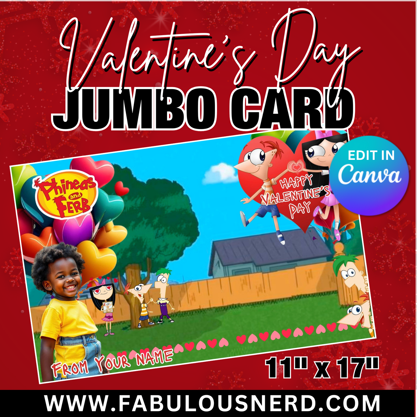 Phineas & Ferb Valentine's Day Jumbo Card Template, Treat Card Template, Canva Template - Digital File Only