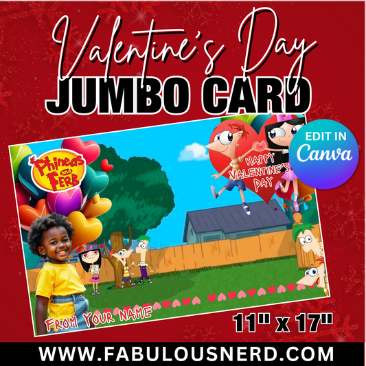 Phineas & Ferb Valentine's Day Jumbo Card Template, Treat Card Template, Canva Template - Digital File Only