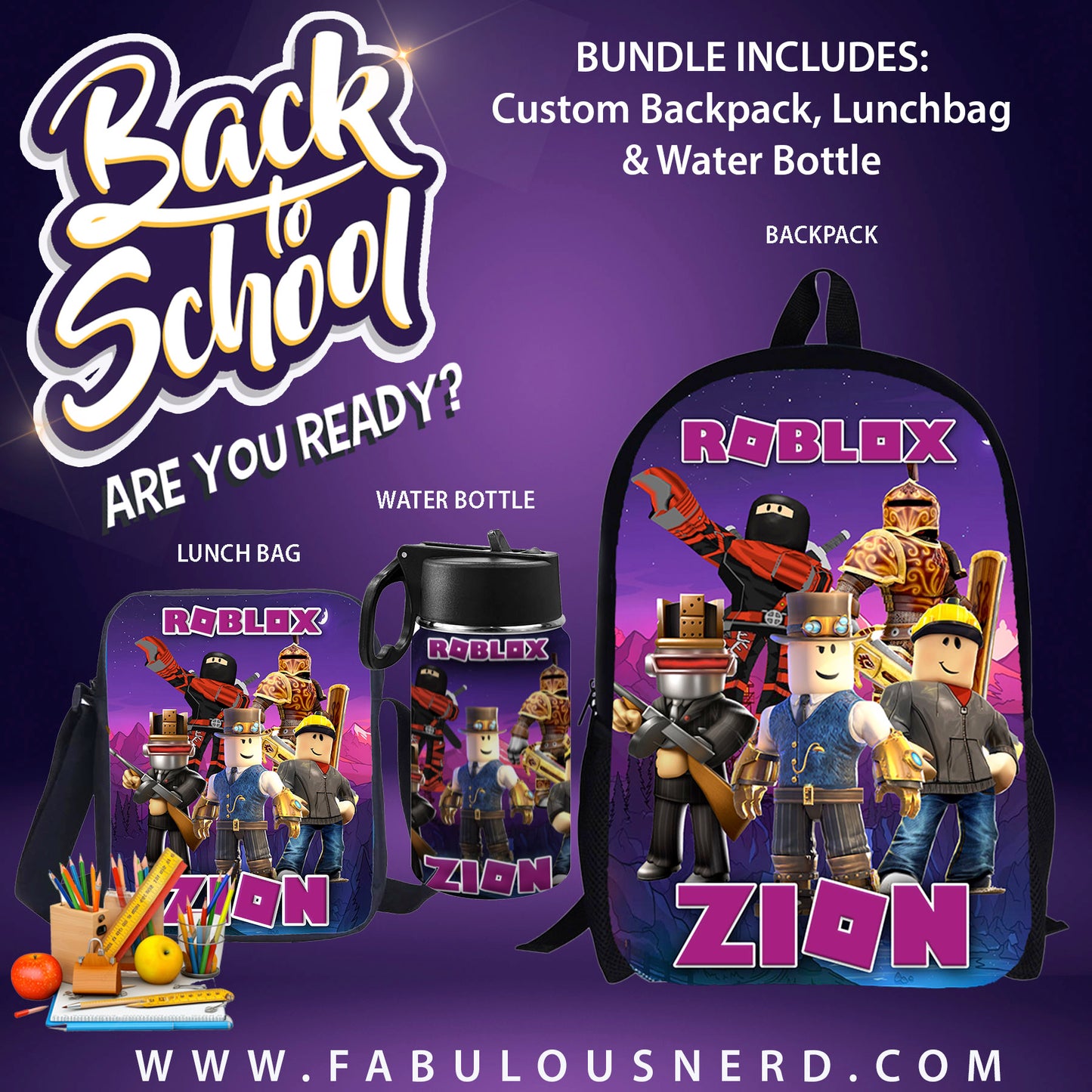 Roblox Custom Back-To-School Bundle (Backpack, Lunch Bag or Water Bottle)