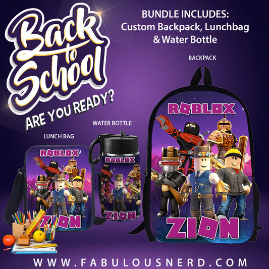 Roblox Custom Back-To-School Bundle (Backpack, Lunch Bag or Water Bottle)