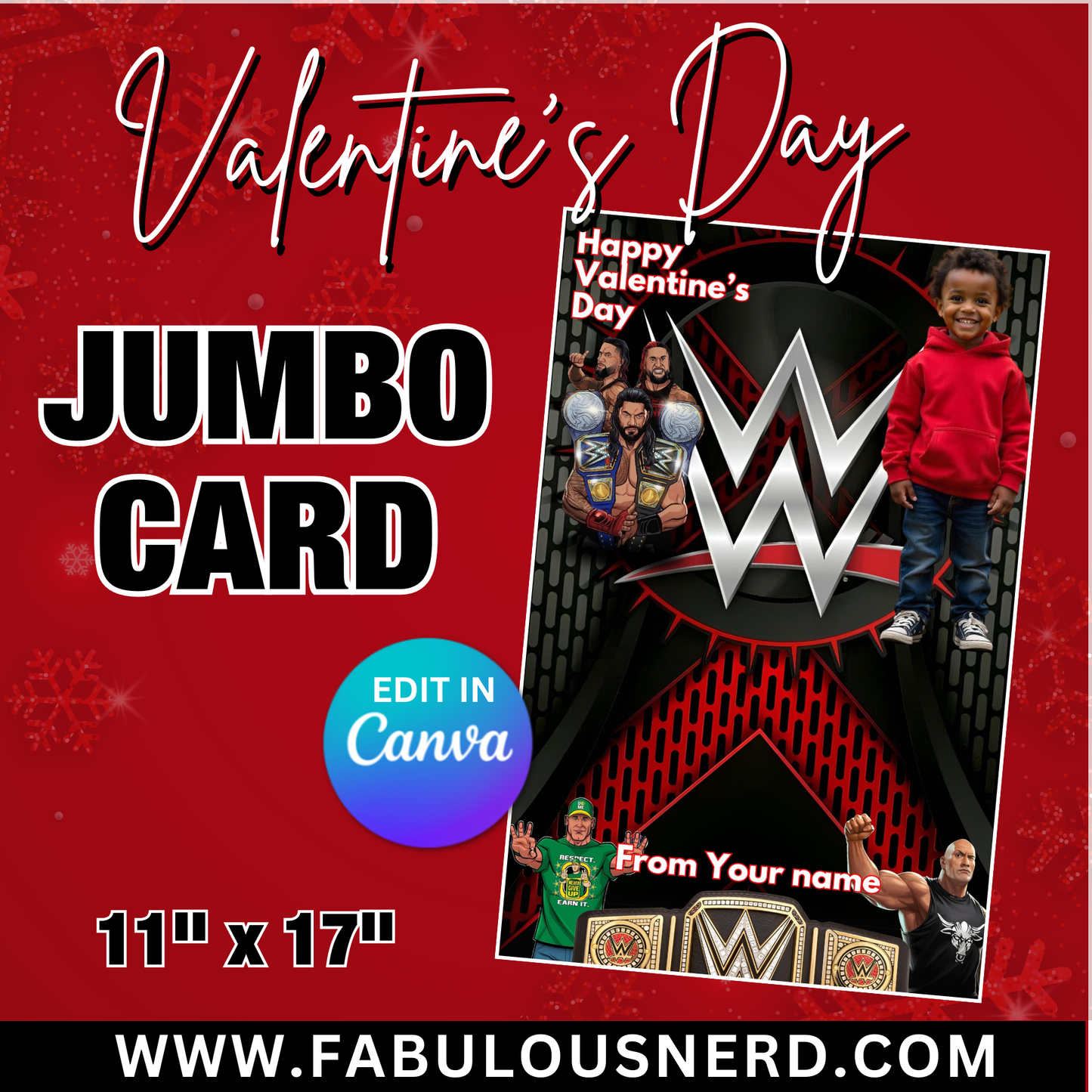 WWE Valentine's Day Jumbo Card Template, Treat Card Template, Canva Template - Digital File Only
