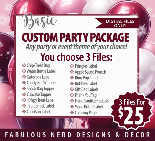 Basic Custom Personalized Party Favor Bundles - Digital Files Only ( 3 Digital Files of Your Choice)