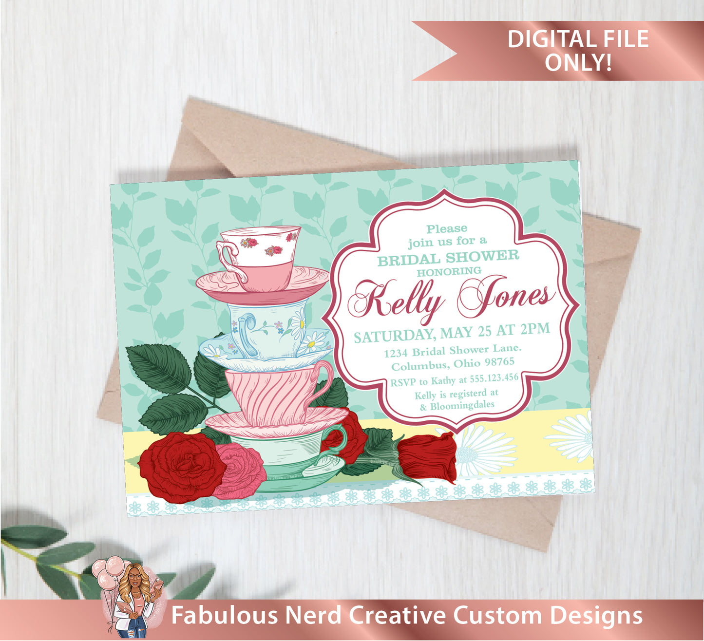 Bridal Shower Invitation-Tea Party Invitation-Digital File Only